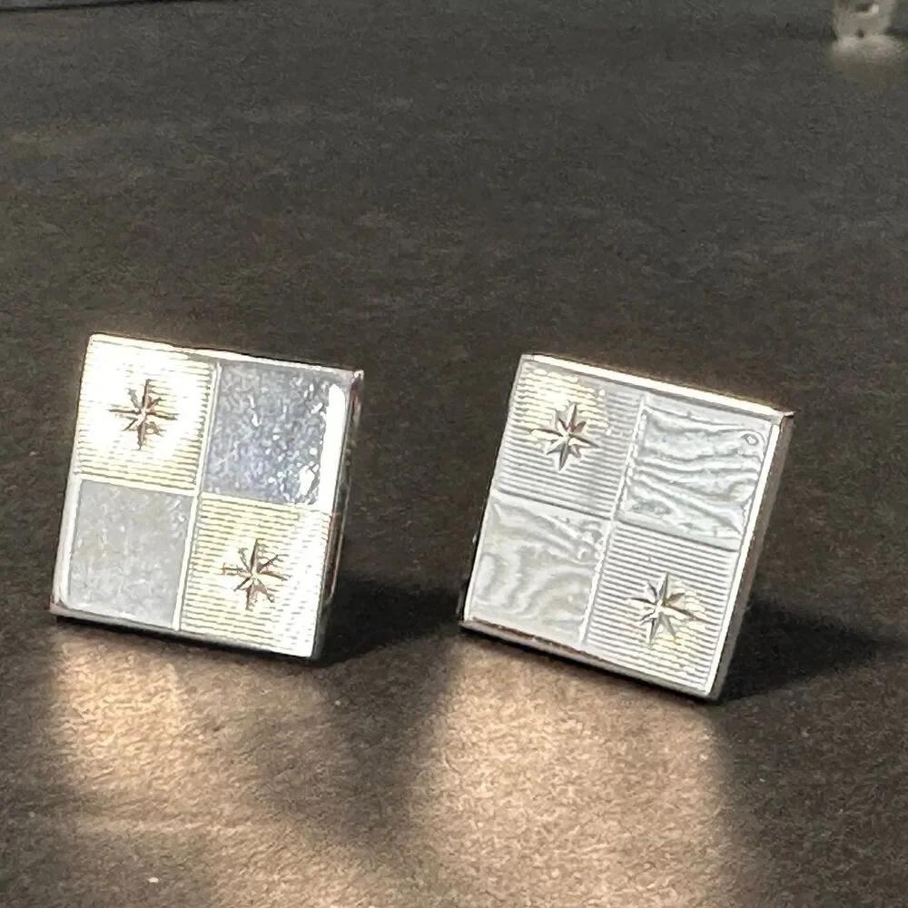 Vintage Silver Tone Cufflinks 3/4” Square in Square Starburst Design